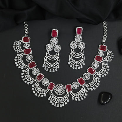 Rosette Motif Rhodium Necklace Set with Decorative Fringe