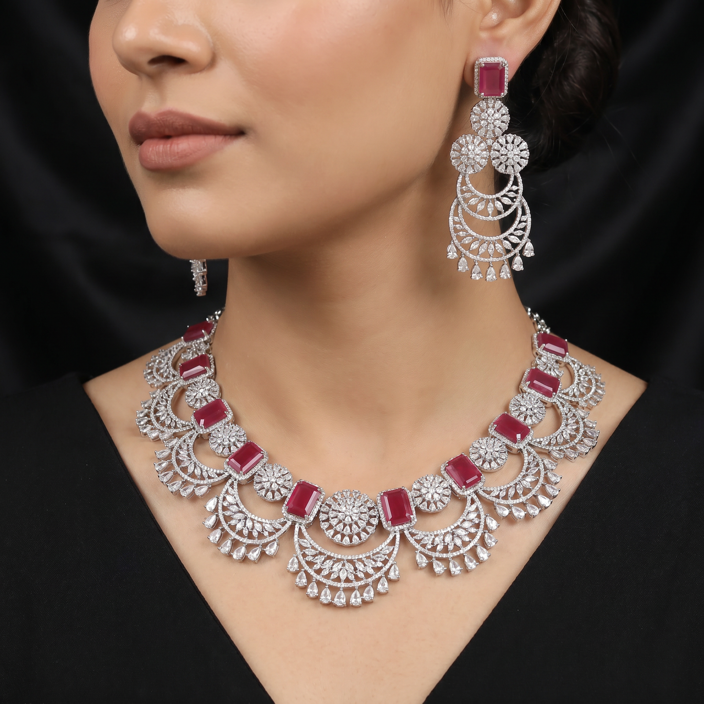 Rosette Motif Rhodium Necklace Set with Decorative Fringe