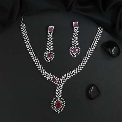 Classic Rhodium Necklace Set with Teardrop Centrepiece