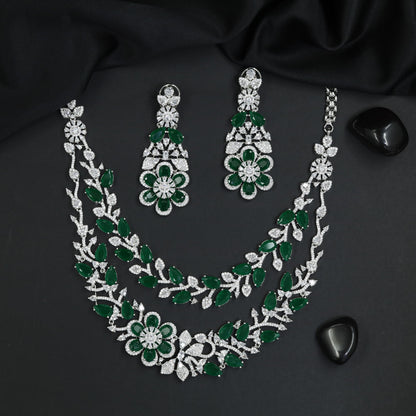 Floral Vine Rhodium Necklace Set with Layered Festoon Design