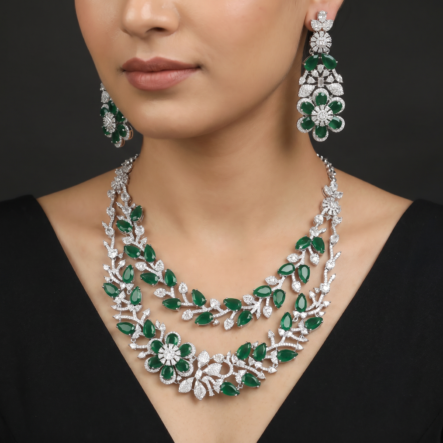 Floral Vine Rhodium Necklace Set with Layered Festoon Design