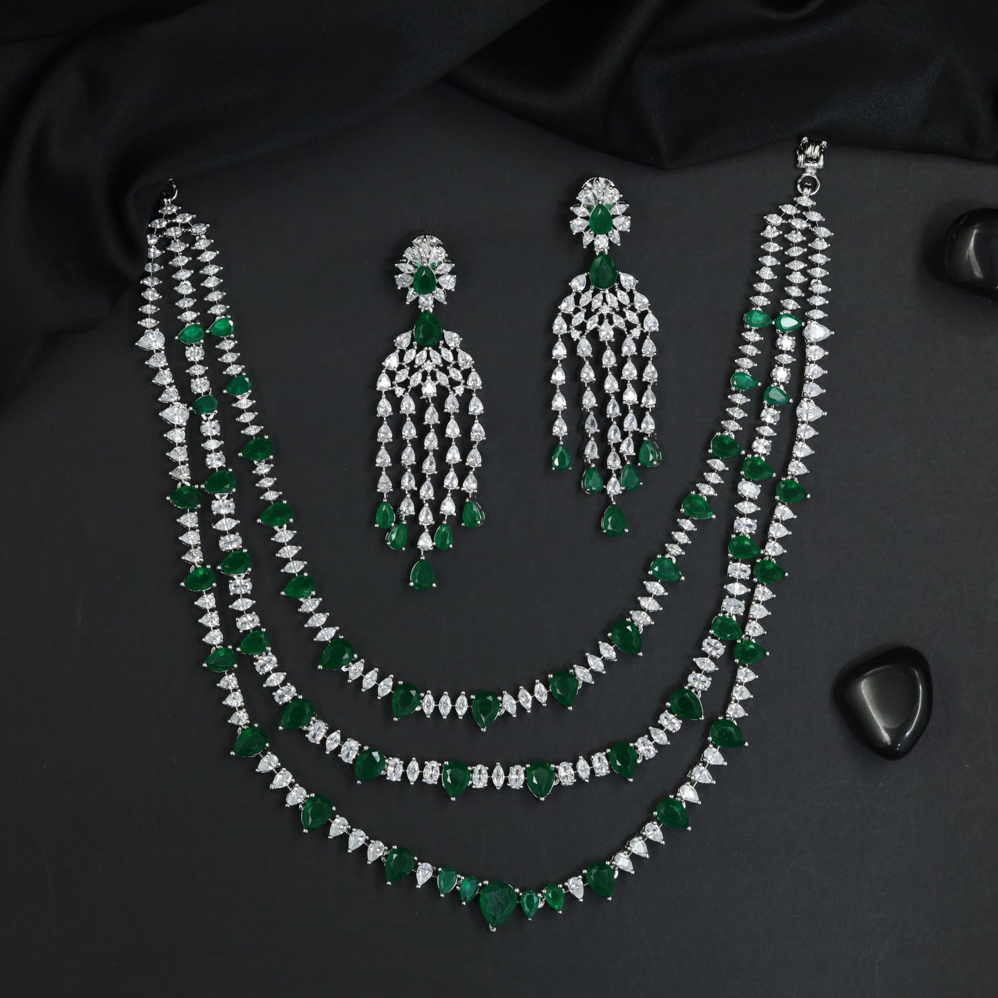 Triple Layer Rhodium Necklace Set with Fringe Accents