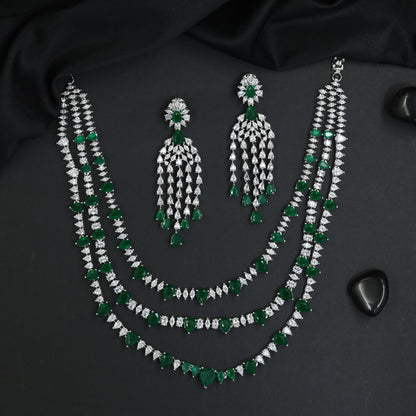 Triple Layer Rhodium Necklace Set with Fringe Accents