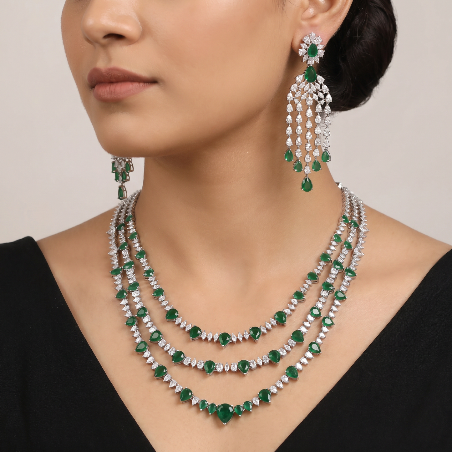 Triple Layer Rhodium Necklace Set with Fringe Accents