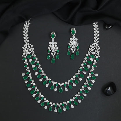 Teardrop Halo Rhodium Necklace Set with Triple Strand Pattern