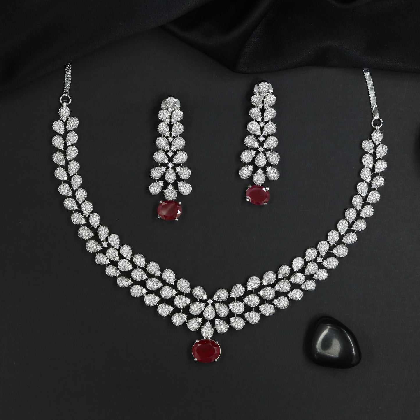 Petal Frame Rhodium Necklace Set with Coordinated Earrings