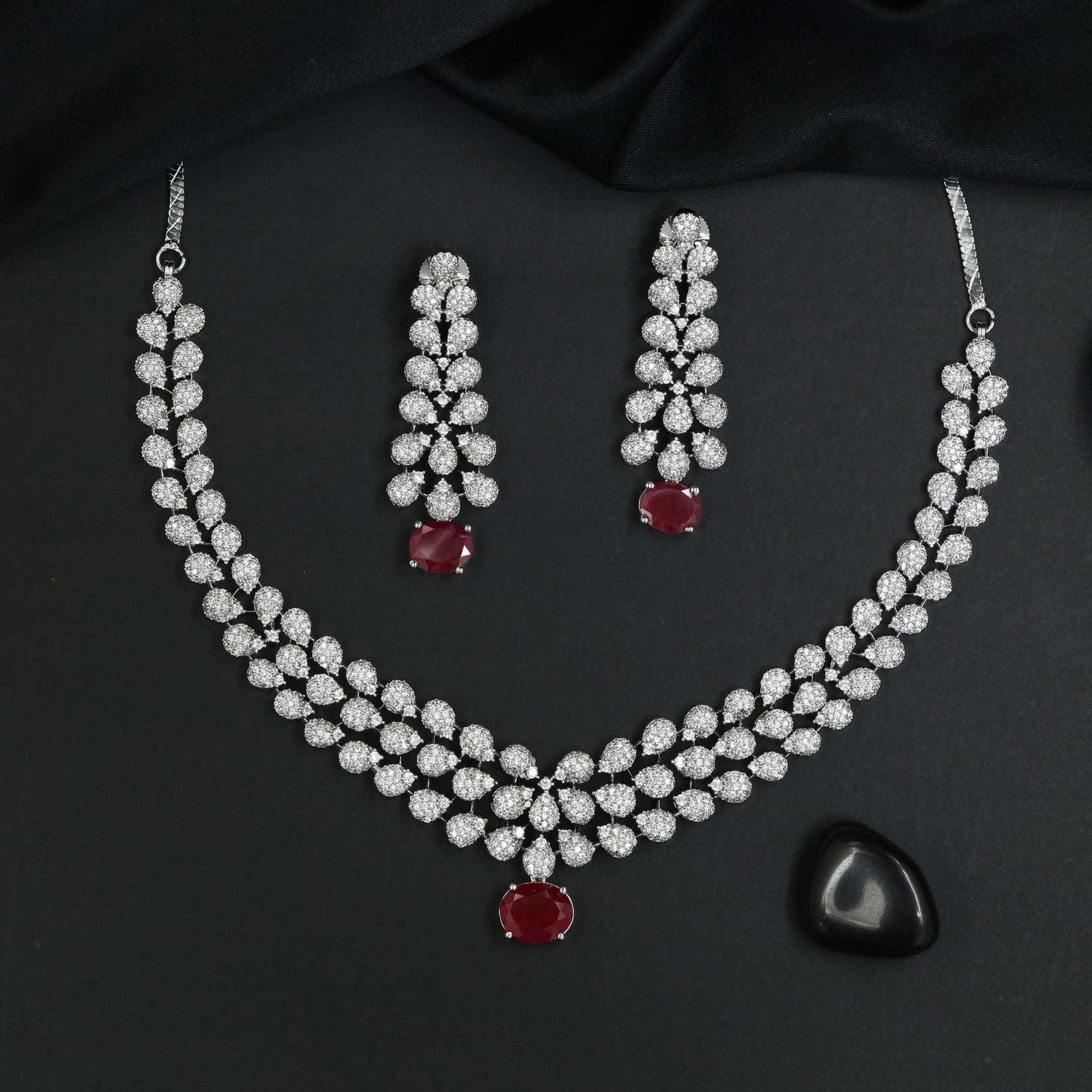 Petal Frame Rhodium Necklace Set with Coordinated Earrings