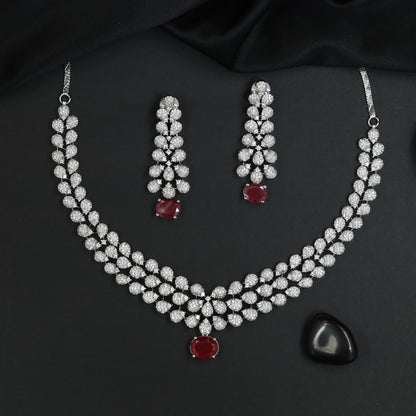 Petal Frame Rhodium Necklace Set with Coordinated Earrings