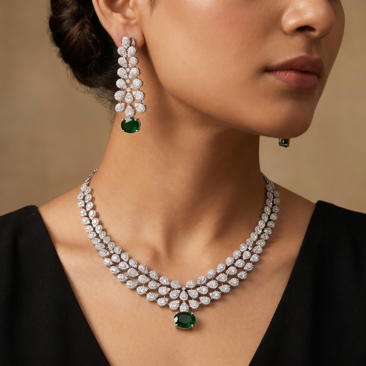 Petal Frame Rhodium Necklace Set with Coordinated Earrings