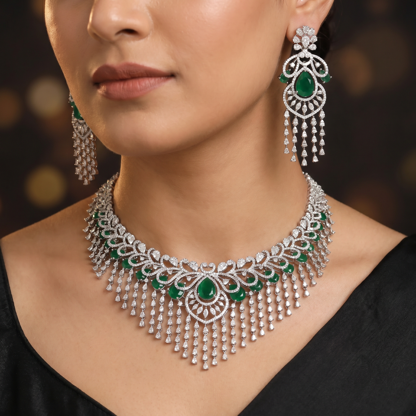 Scalloped Fringe Necklace Set with Oval Halo Centrepiece