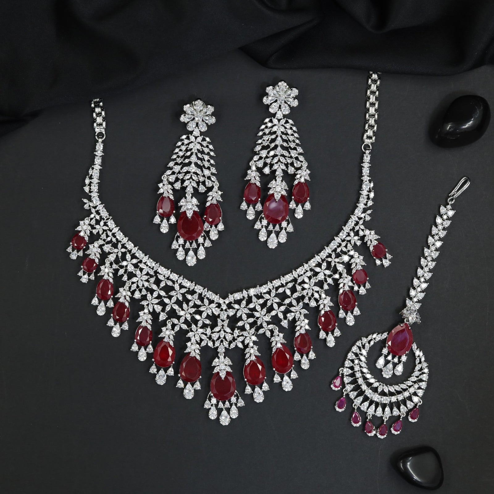 Floral Collar Rhodium Necklace Set with Coordinated Earrings and Maang Tikka