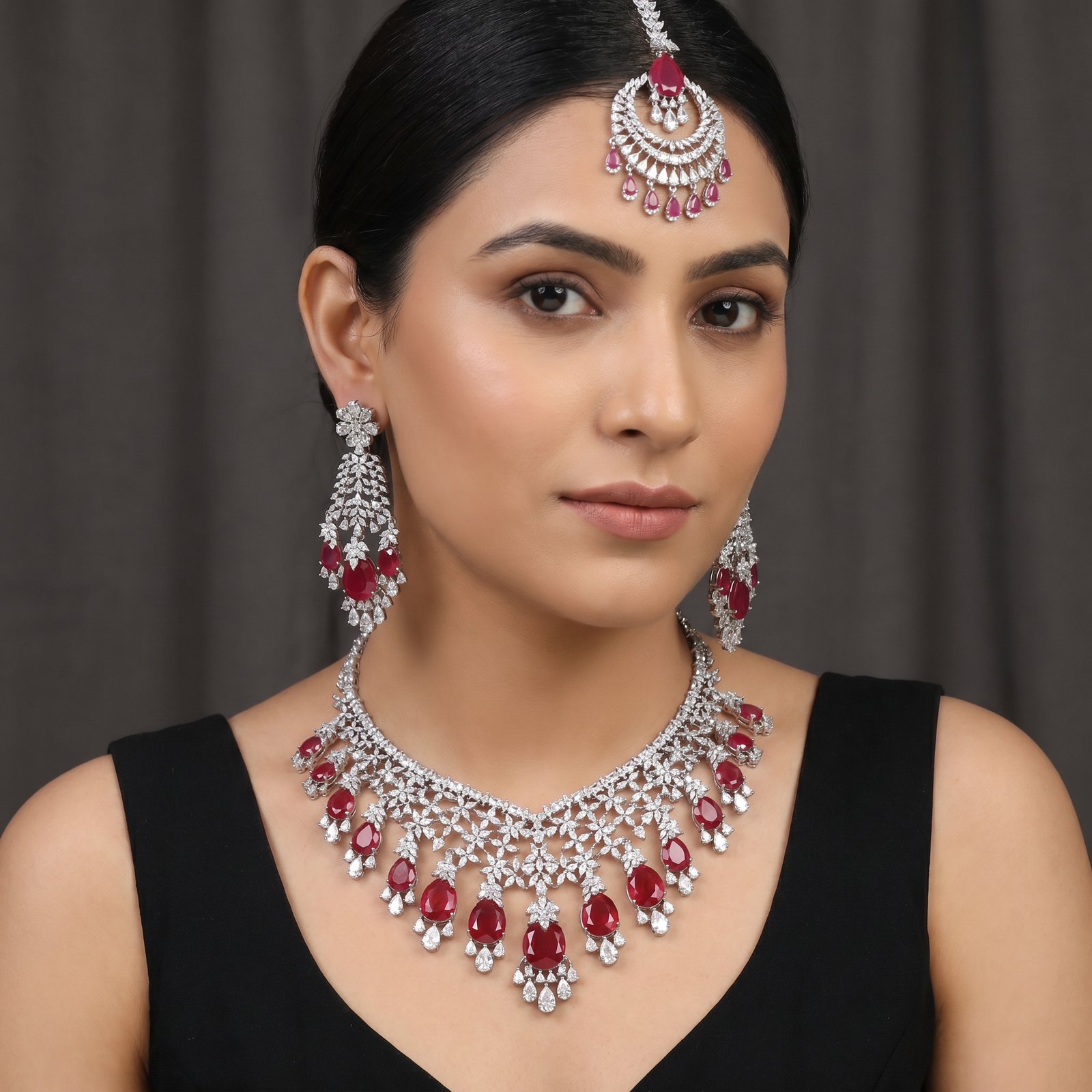 Floral Collar Rhodium Necklace Set with Coordinated Earrings and Maang Tikka