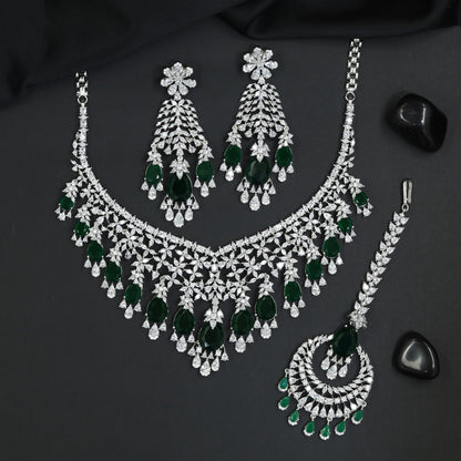 Floral Collar Rhodium Necklace Set with Coordinated Earrings and Maang Tikka