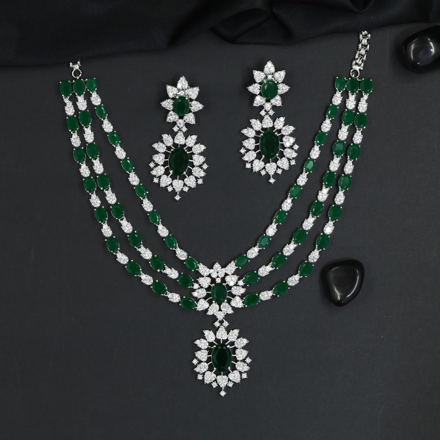 Three Row Floral Rhodium Necklace Set with Matching Earrings