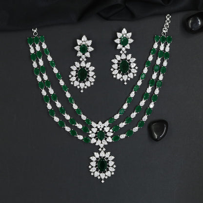 Three Row Floral Rhodium Necklace Set with Matching Earrings