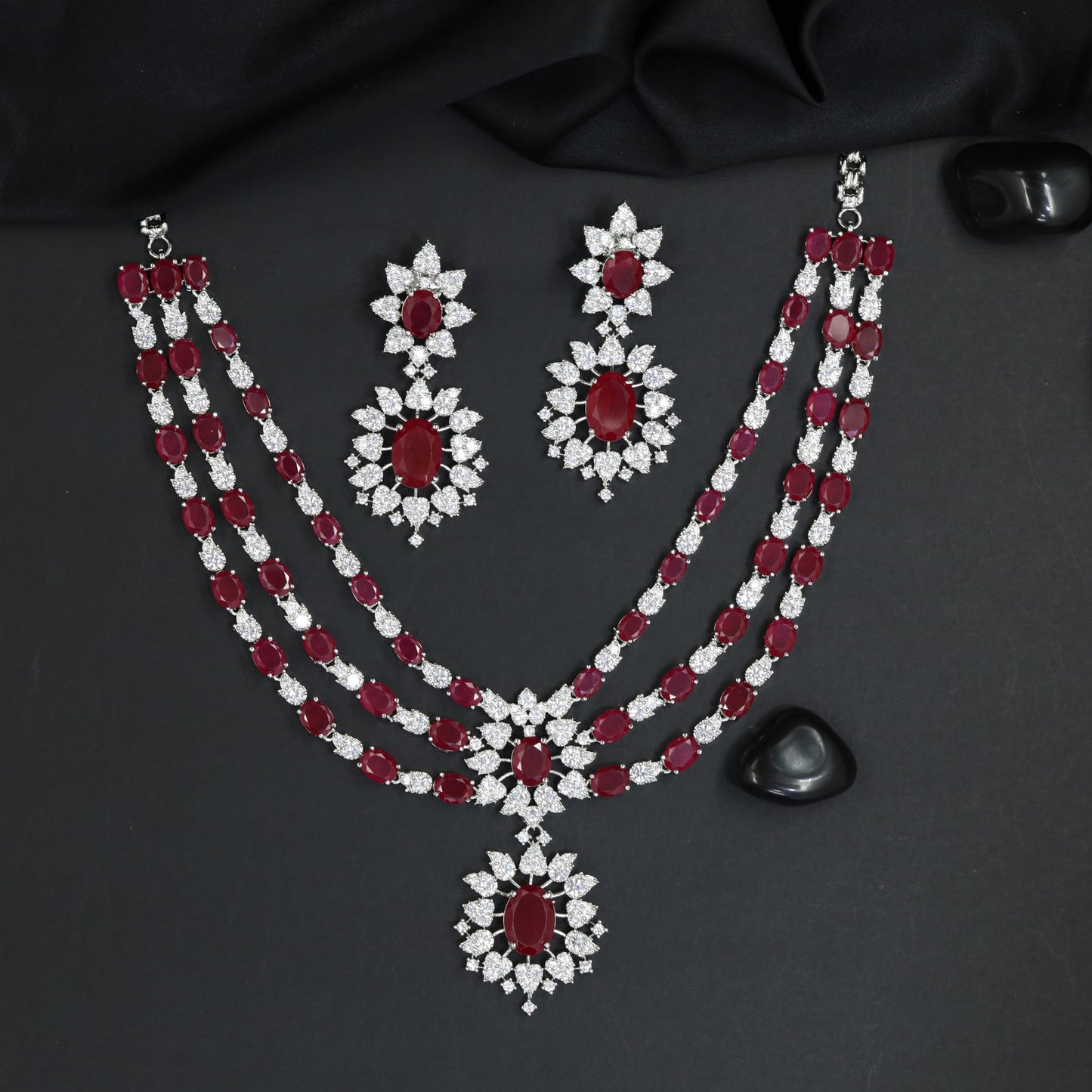 Three Row Floral Rhodium Necklace Set with Matching Earrings