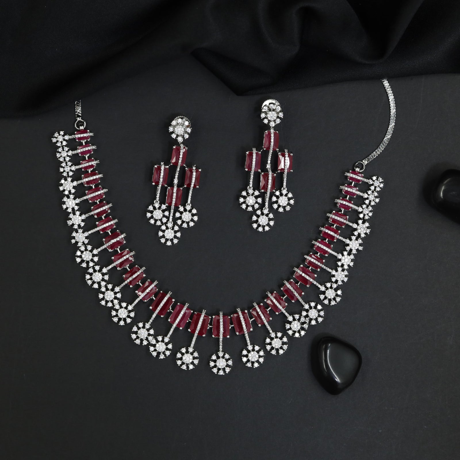 Vertical Bar Rhodium Necklace Set with Floral Drop Accents
