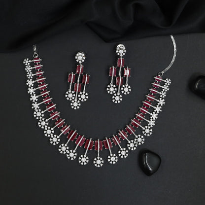 Vertical Bar Rhodium Necklace Set with Floral Drop Accents