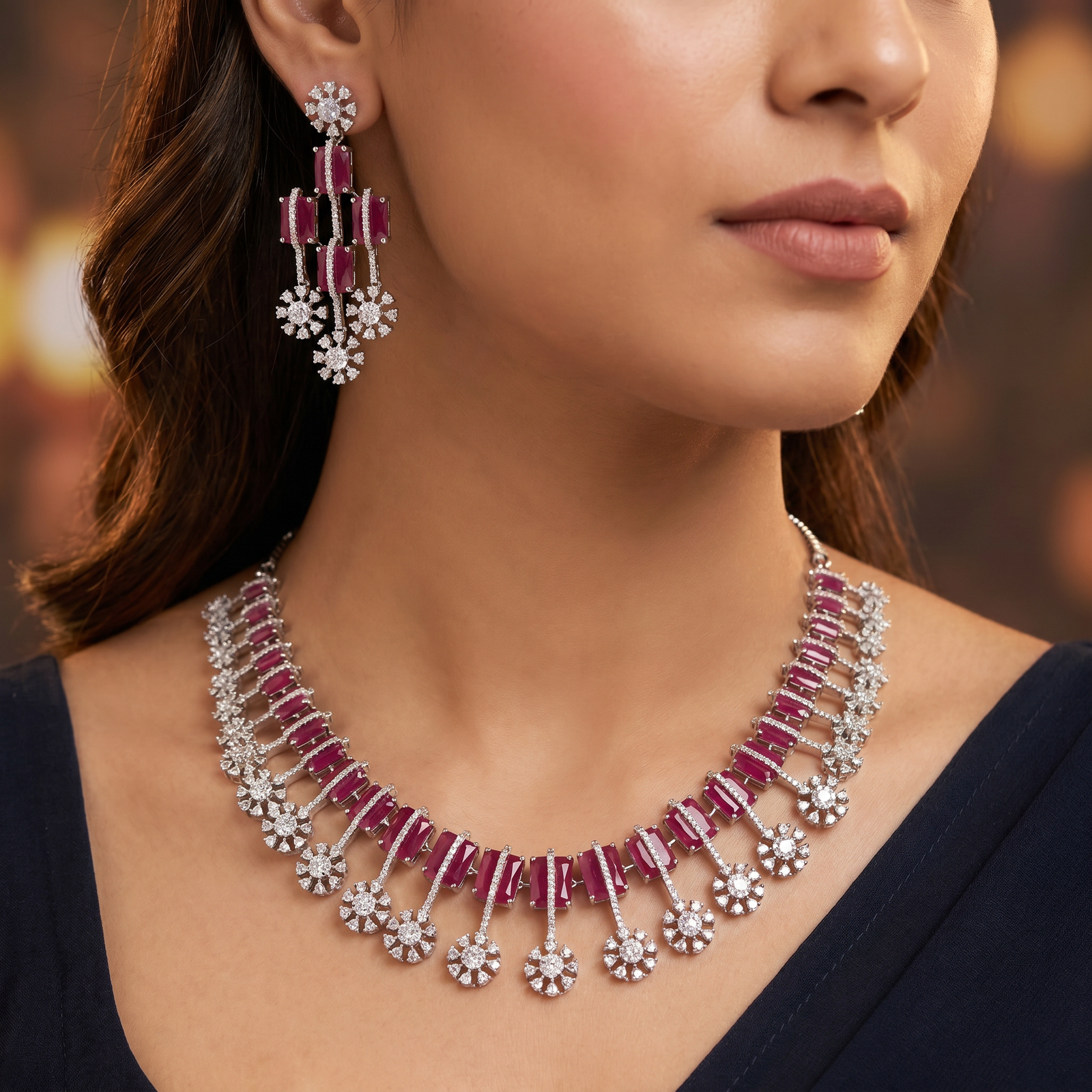 Vertical Bar Rhodium Necklace Set with Floral Drop Accents