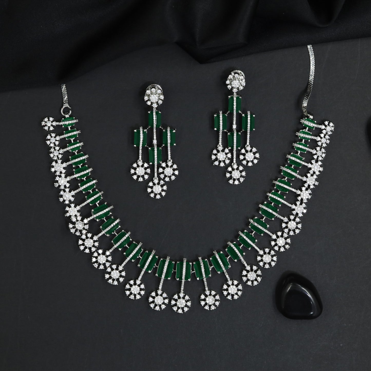 Vertical Bar Rhodium Necklace Set with Floral Drop Accents