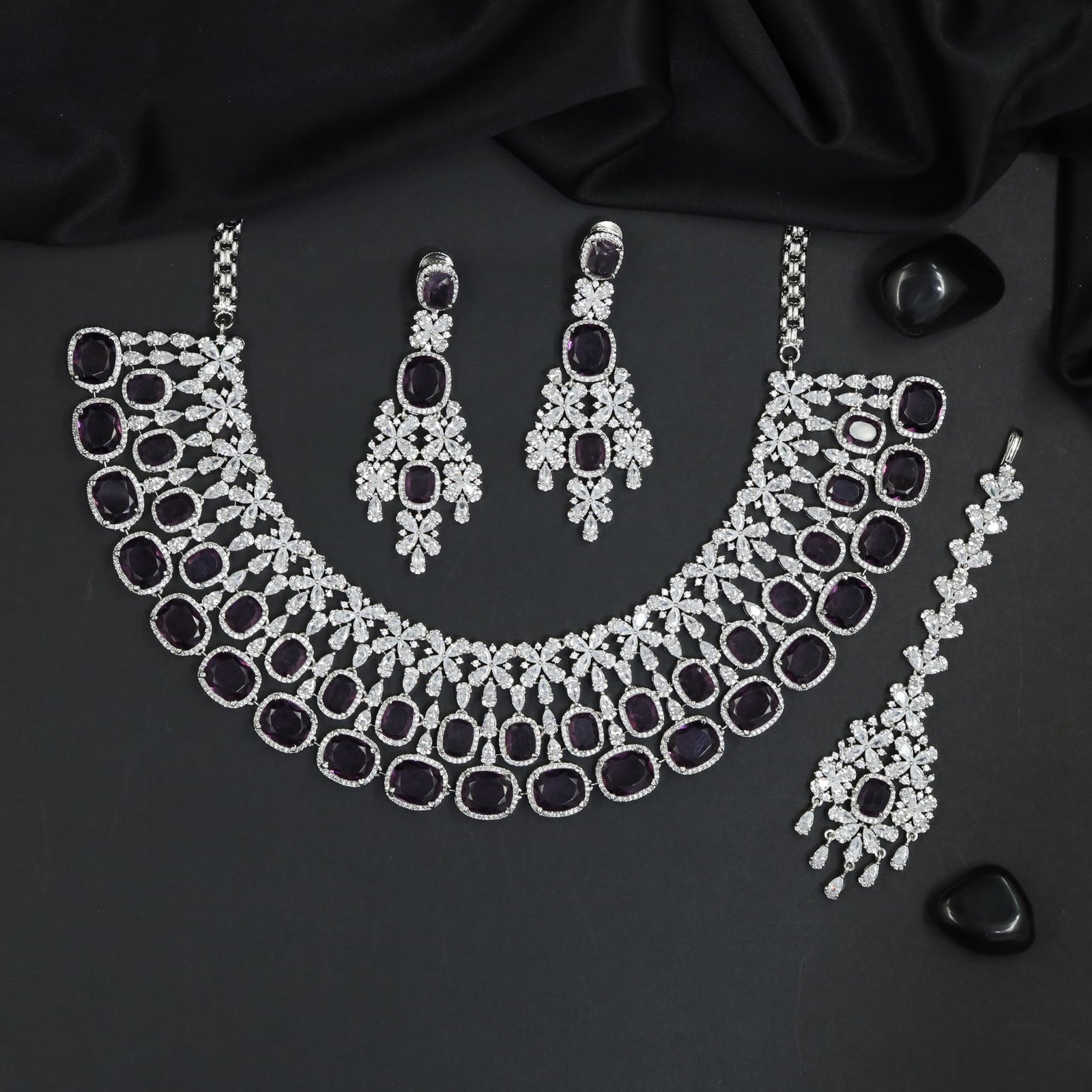 Open Circle Garland Rhodium Necklace Set with Matching Earrings