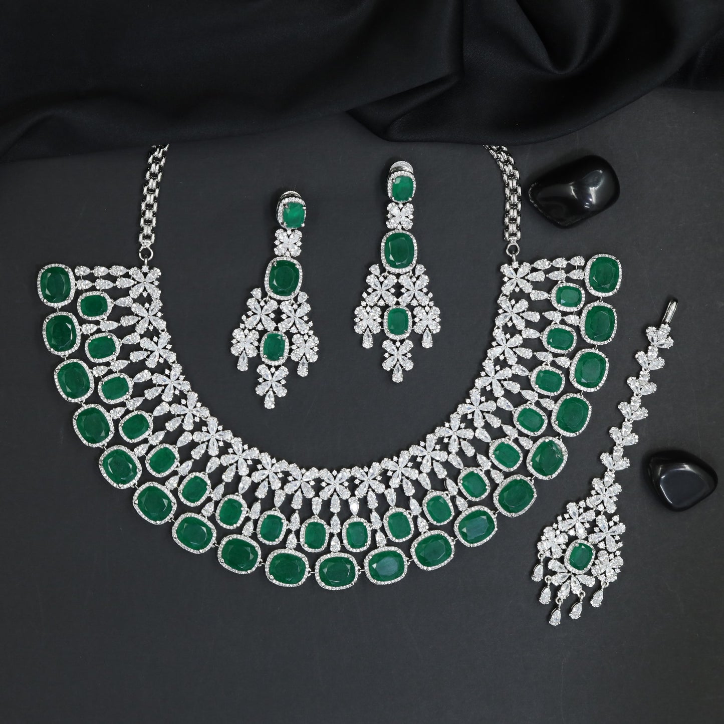 Open Circle Garland Rhodium Necklace Set with Matching Earrings