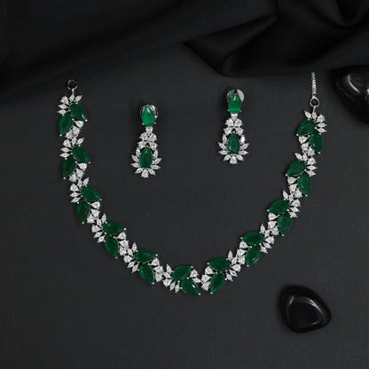 Marquise Leaf Rhodium Necklace Set with Floral Motif Design