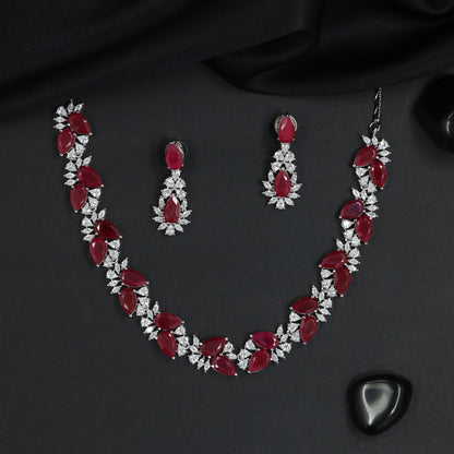 Marquise Leaf Rhodium Necklace Set with Floral Motifs