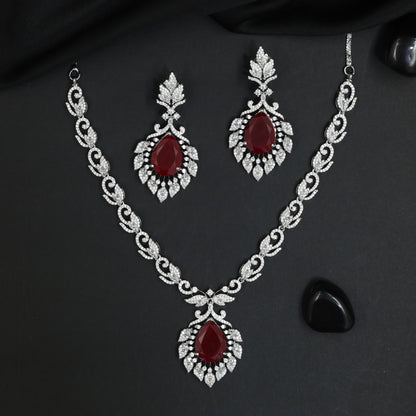 Floral Garland Rhodium Necklace Set with Ornamental Drop Pendant