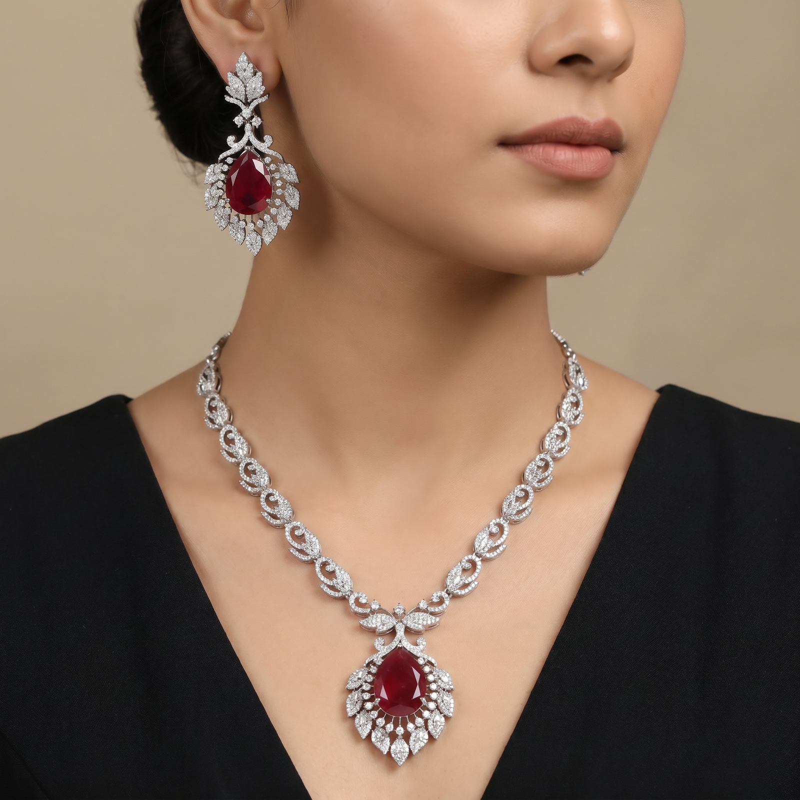 Floral Garland Rhodium Necklace Set with Ornamental Drop Pendant