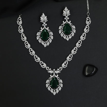 Floral Garland Rhodium Necklace Set with Pear Pendant