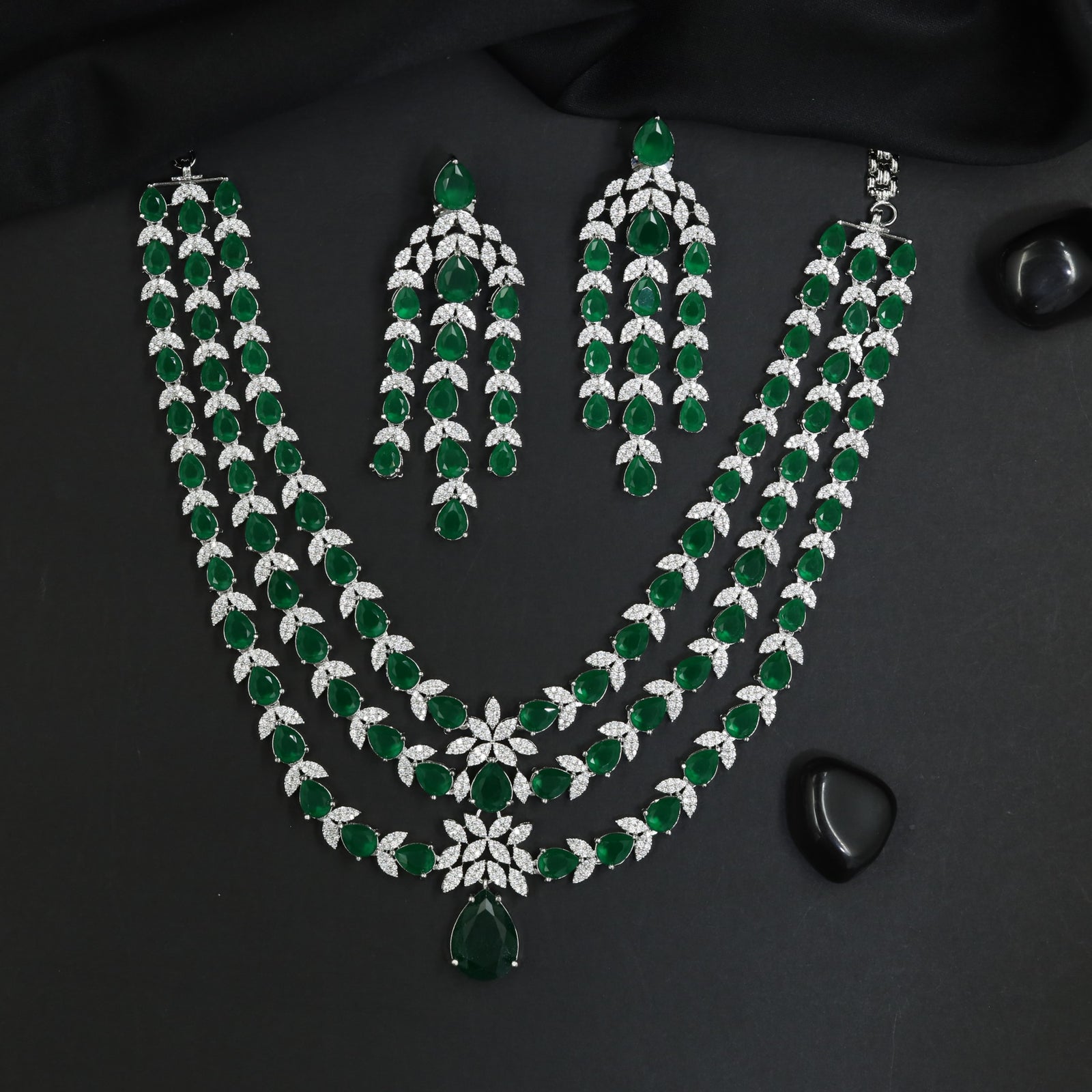Triple Strand Rhodium Necklace Set with Floral Pendant Accent