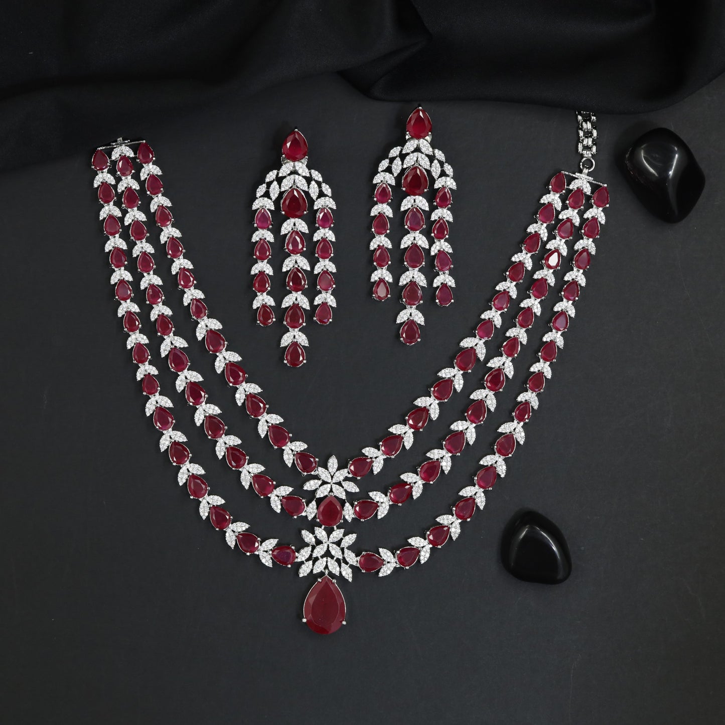 Triple Strand Rhodium Necklace Set with Floral Pendant Accent