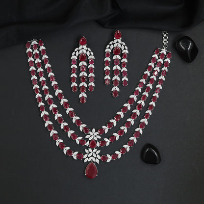 Triple Strand Rhodium Necklace Set with Floral Pendant Accent
