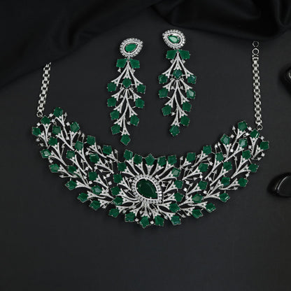 Interlinked Leaf Rhodium Choker with Floral Centre Design