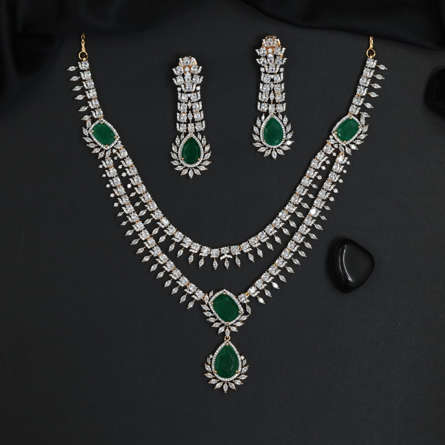 Double Strand Necklace Set with Ornamental Drop Centrepiece