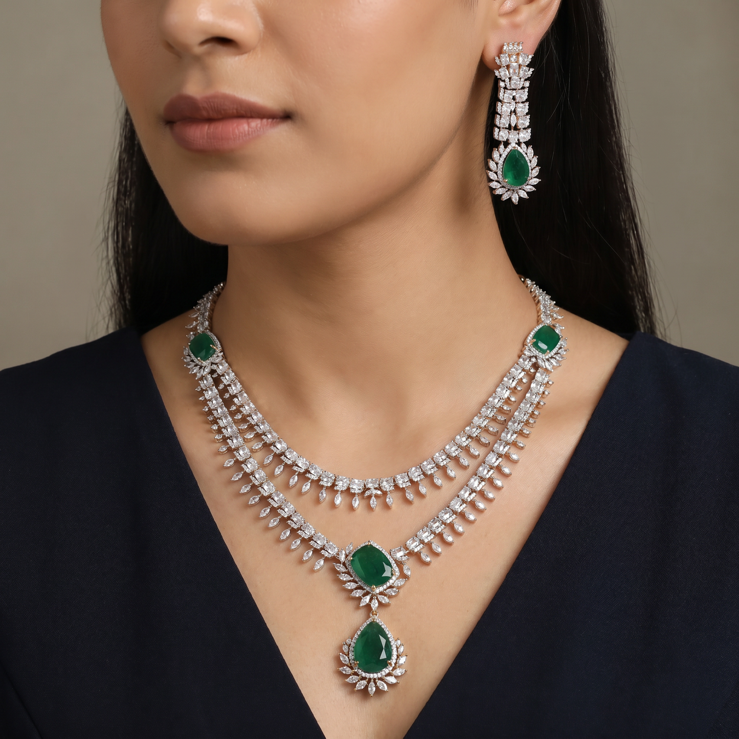 Double Strand Necklace Set with Ornamental Drop Centrepiece