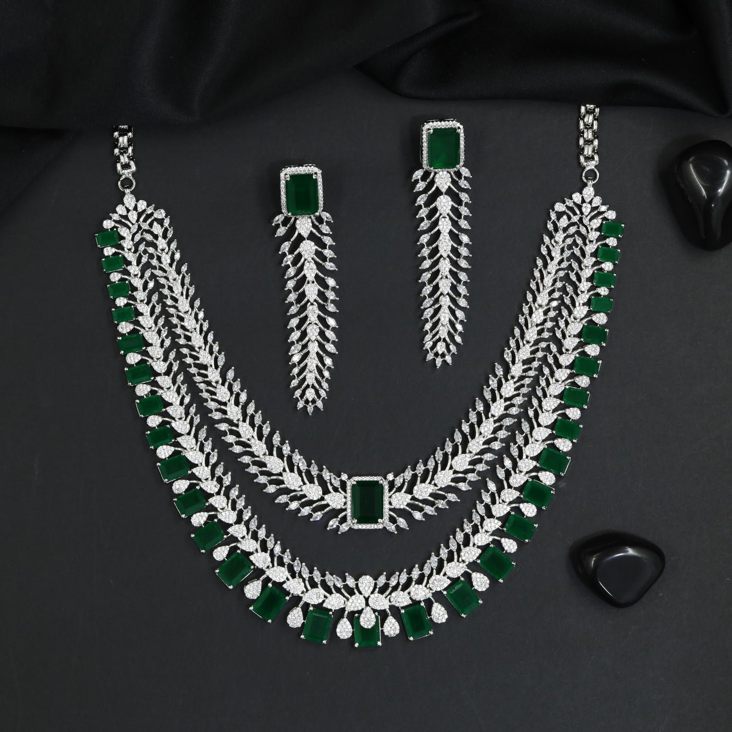 Multi Strand Rhodium Necklace Set with Pear Silhouette Drops