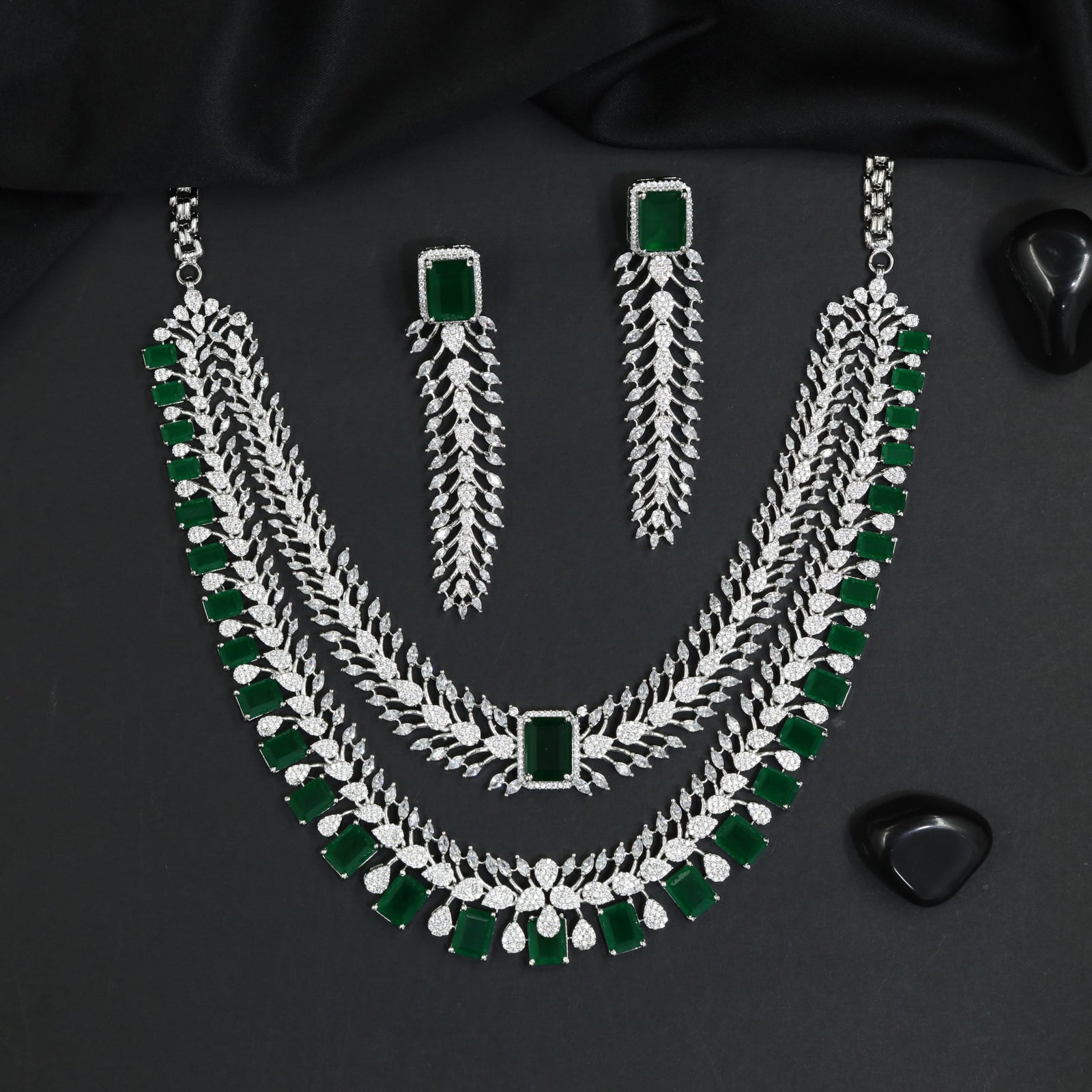 Multi Strand Rhodium Necklace Set with Pear Silhouette Drops