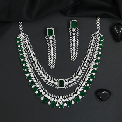 Multi Strand Rhodium Necklace Set with Pear Silhouette Drops