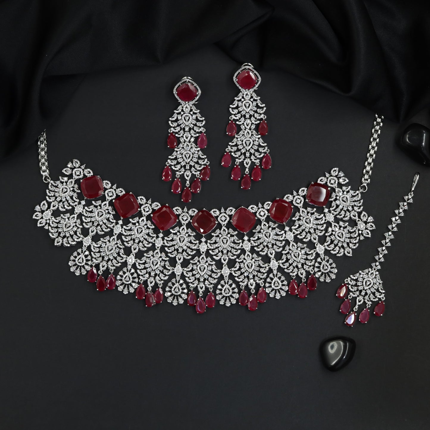 Floral Motif Rhodium Choker with Coordinated Earrings and Maang Tikka