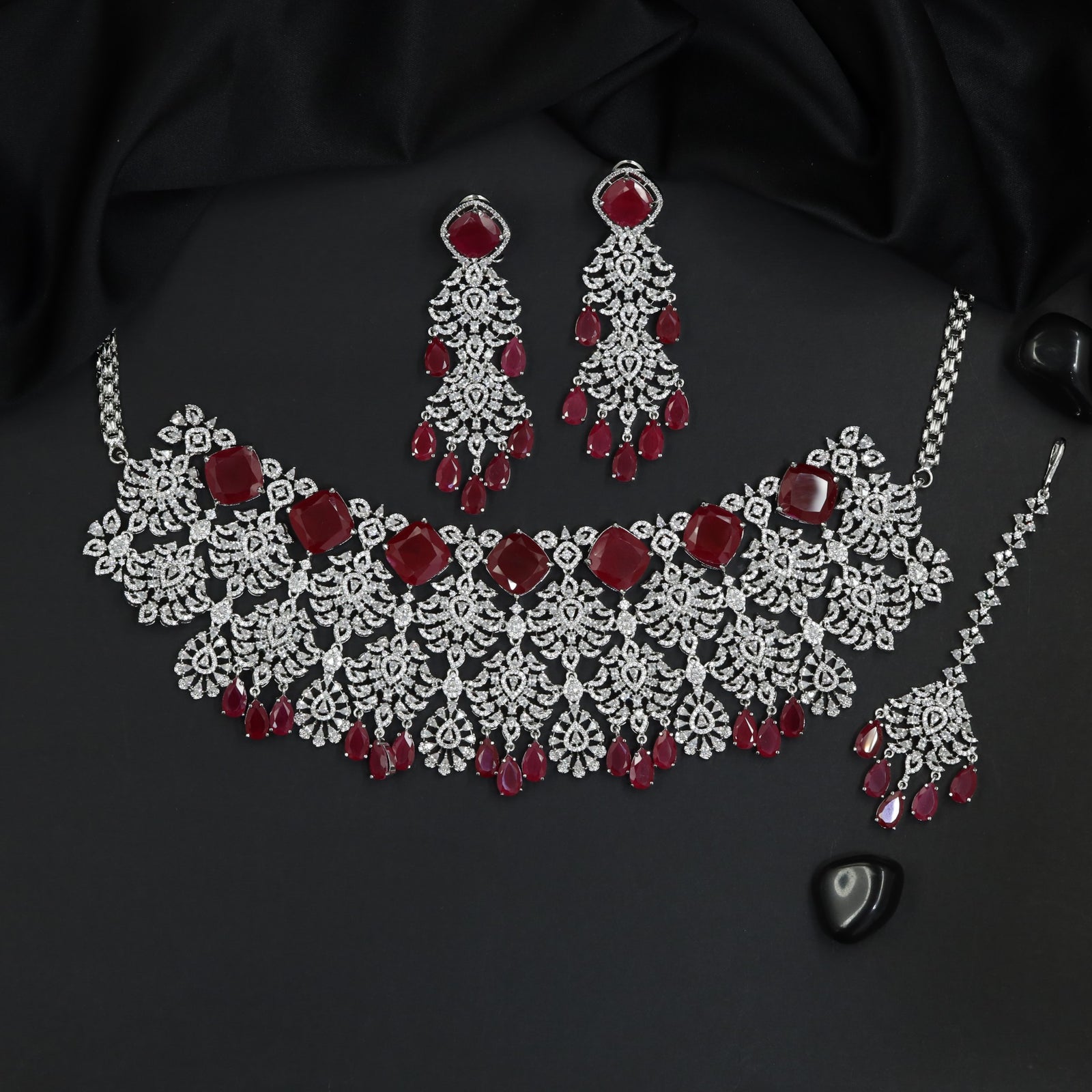 Floral Motif Rhodium Choker with Coordinated Earrings and Maang Tikka