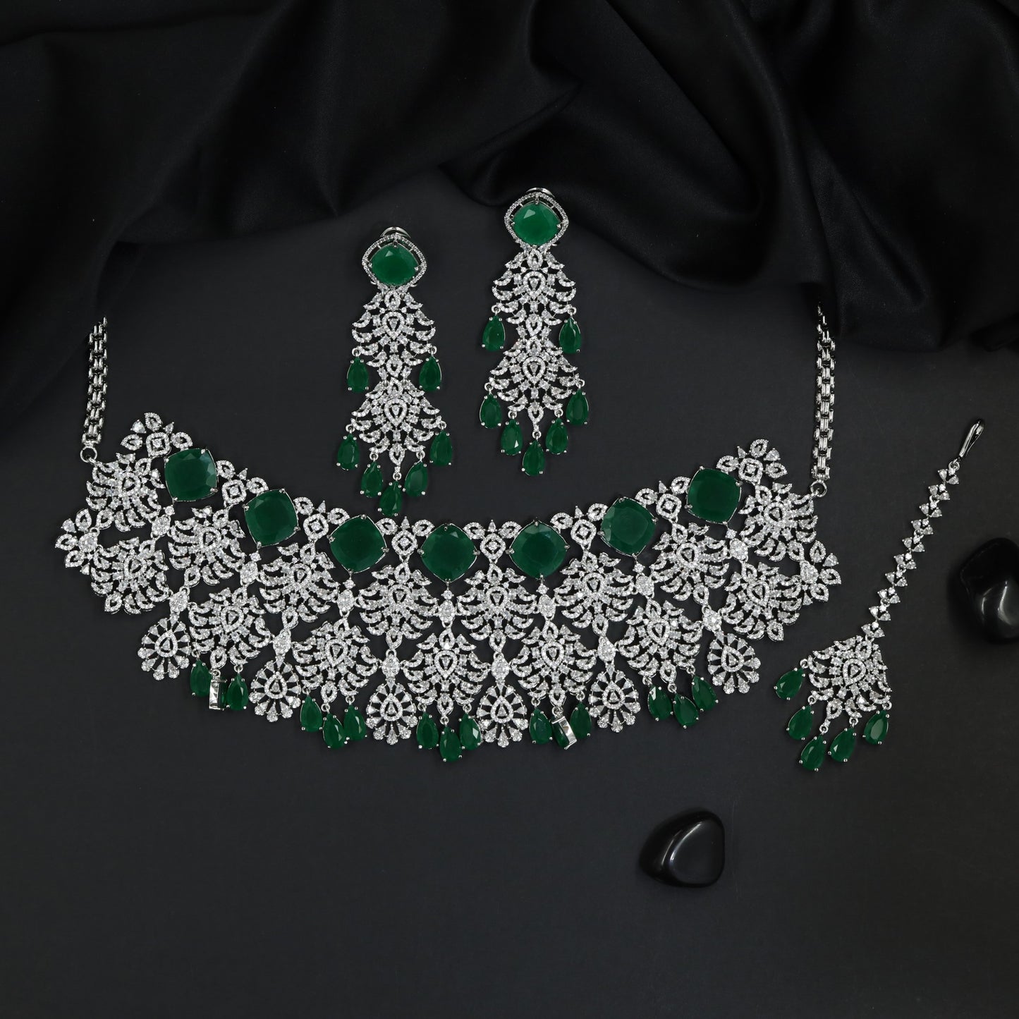 Floral Motif Rhodium Choker with Coordinated Earrings and Maang Tikka