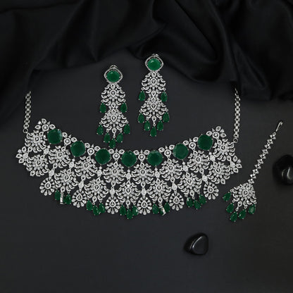 Floral Motif Rhodium Choker with Coordinated Earrings and Maang Tikka