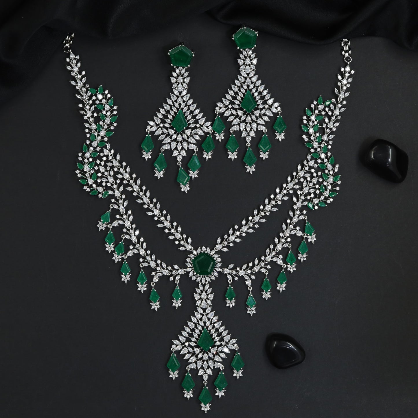 Triple Strand Rhodium Necklace Set with Ornamental Pendant