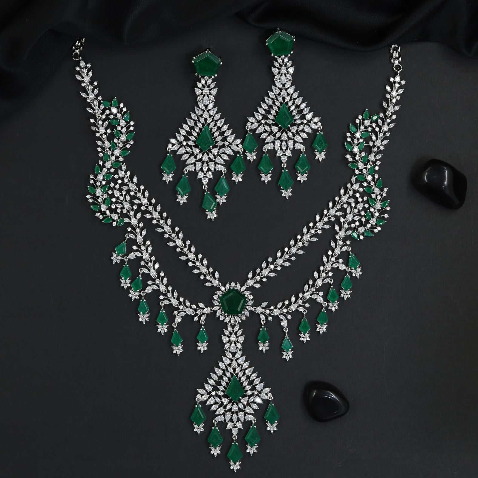 Triple Strand Rhodium Necklace Set with Ornamental Pendant