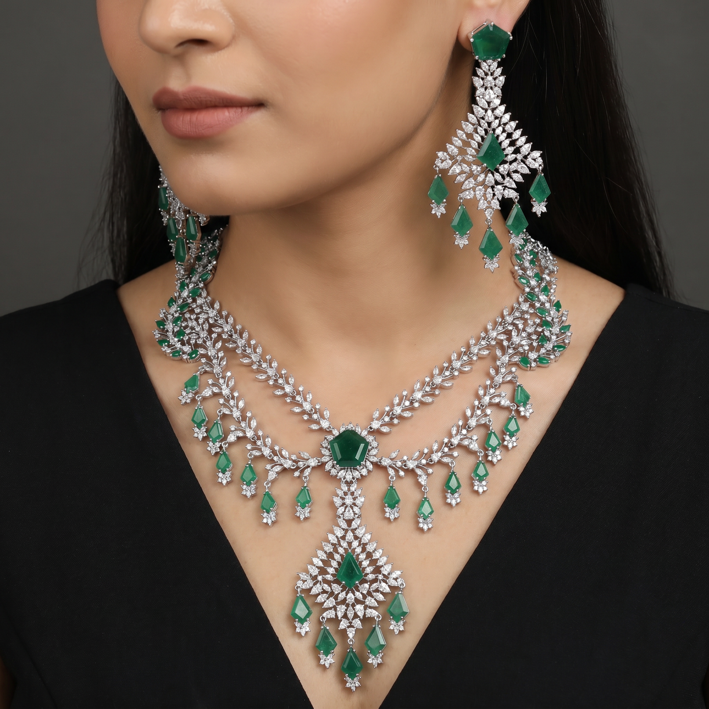 Triple Strand Rhodium Necklace Set with Ornamental Pendant