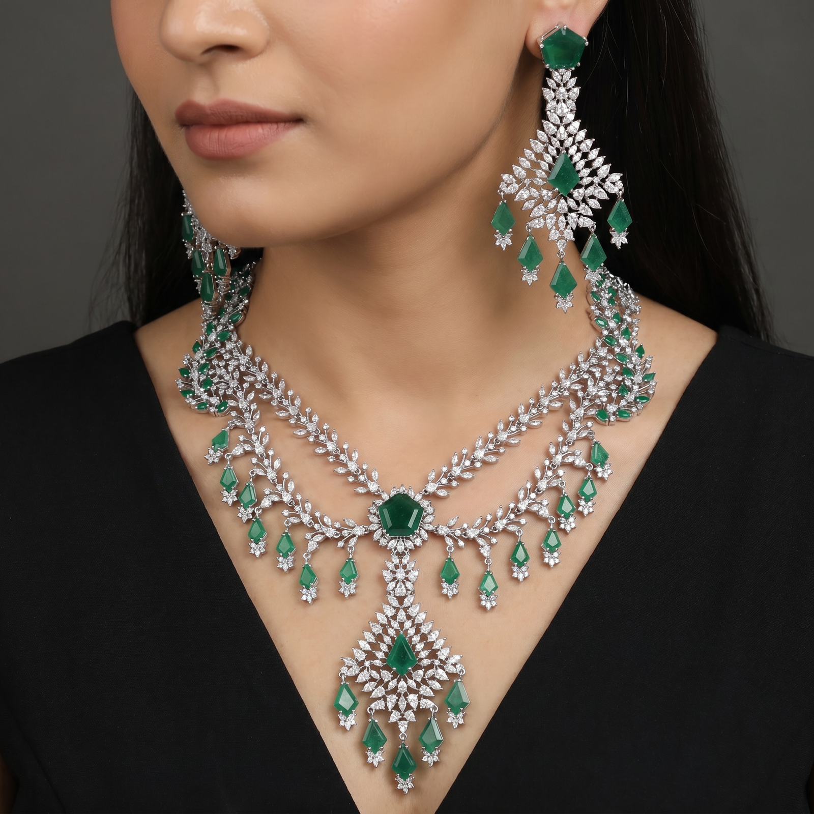 Triple Strand Rhodium Necklace Set with Ornamental Pendant