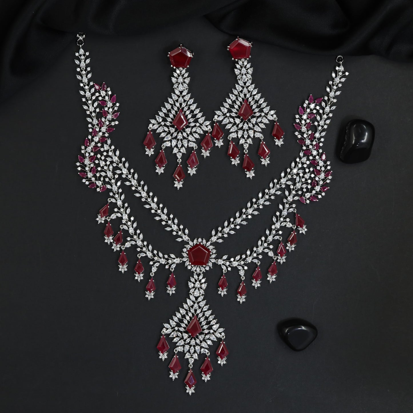 Triple Strand Rhodium Necklace Set with Ornamental Pendant
