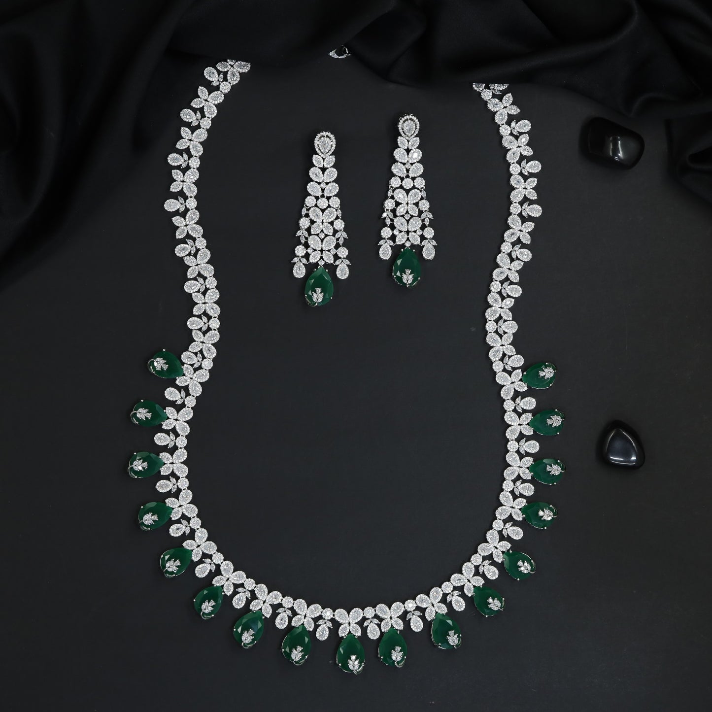Floral Motif Rhodium Long Haara with Coordinated Earrings